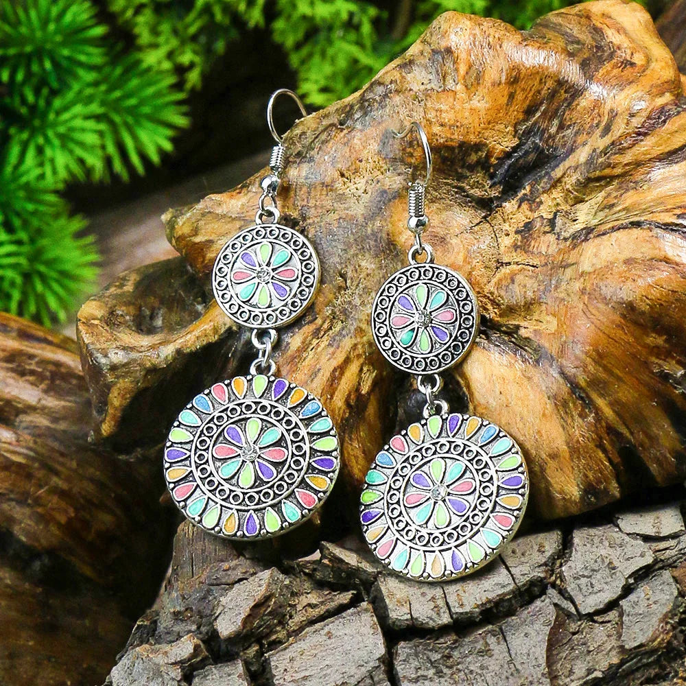 Bohemian Turquoise Vintage Geometric Drop Earrings – Alloy Oil Drop Round Stone Design