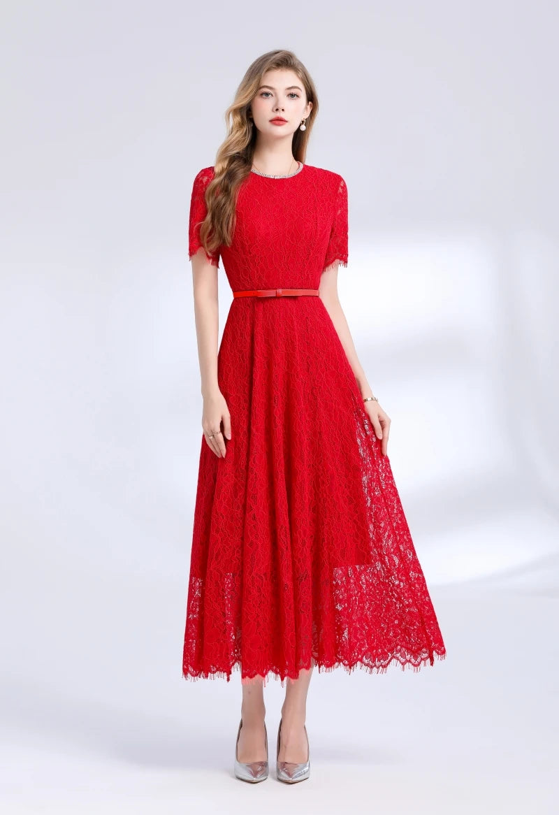 Lace Midi Dress with Belt – Luxury Office & Cocktail Essential