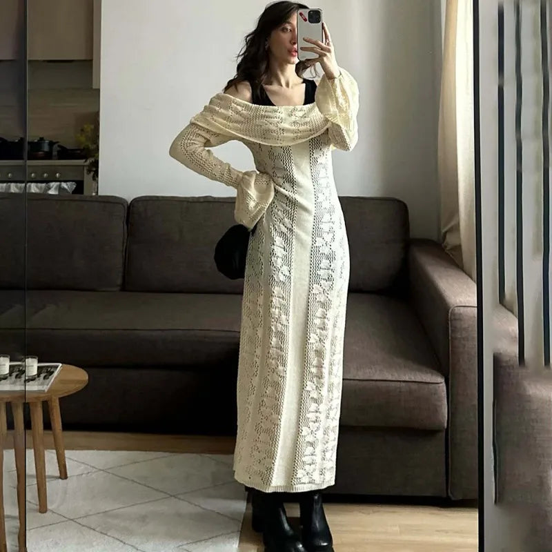 Elegant Knitted Fashion Hollow Out One Shoulder Vacation Long Dresses
