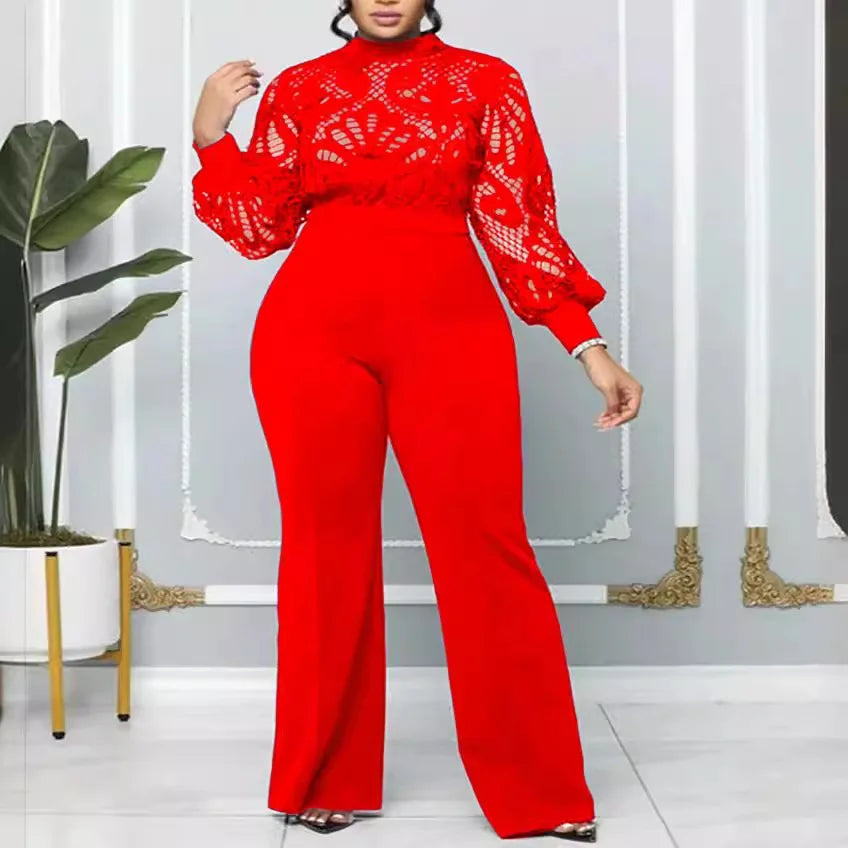 Plus Size Mesh Lace Casual Jumpsuit