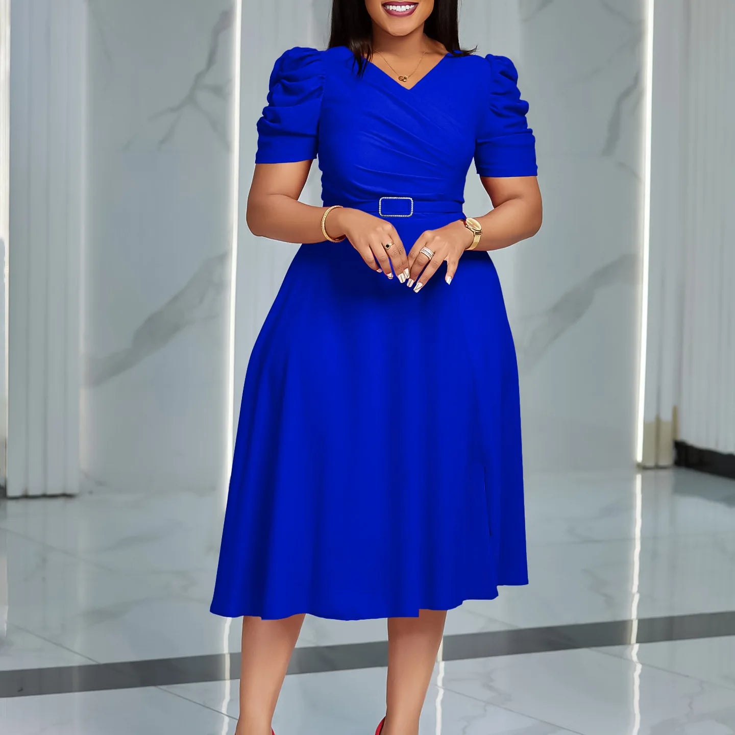 Summer 2024 Fashion African Short Sleeve Polyester Red Blue Black Green Pleat Dresses