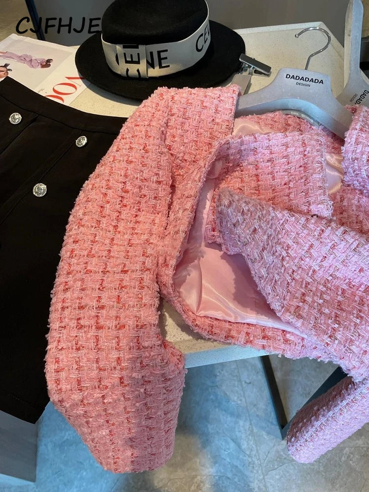 CJFHJE Autumn High Quality Ladies Jacket French Fashion Pink Square Neck Pearl Button Bright Silk Tweed Fragrant Coat Women's