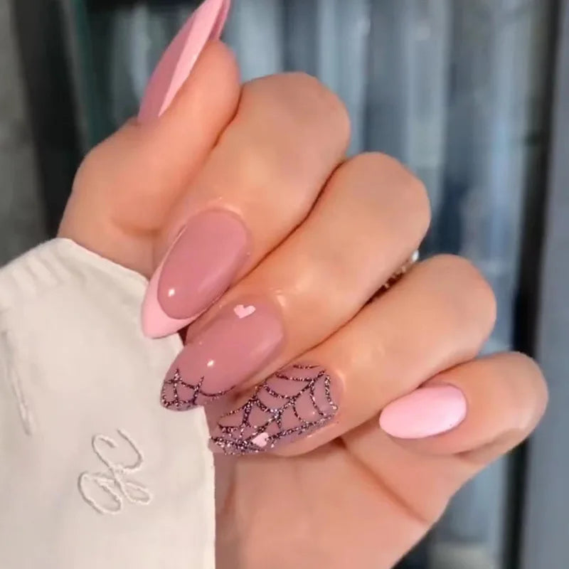 24Pcs/Box Almond Round False Nails Detachable Stiletto Fake Nails
