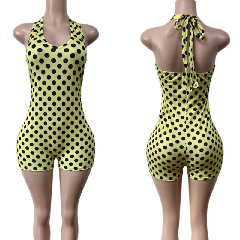 Polka Dot  Night Club Party Halter V-neck Backless Skinny One Pieces Rompers