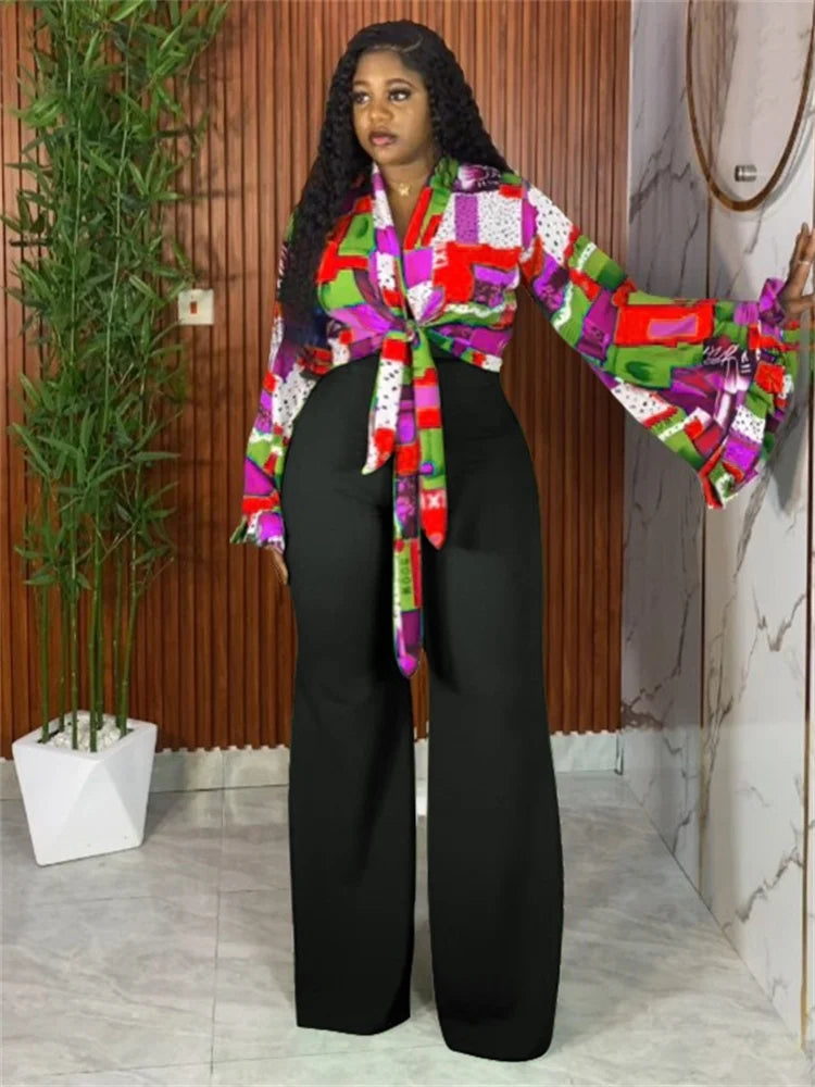 Long Sleeve Print Top & Wide Leg Pants Matching Suit for Effortless Fall Style