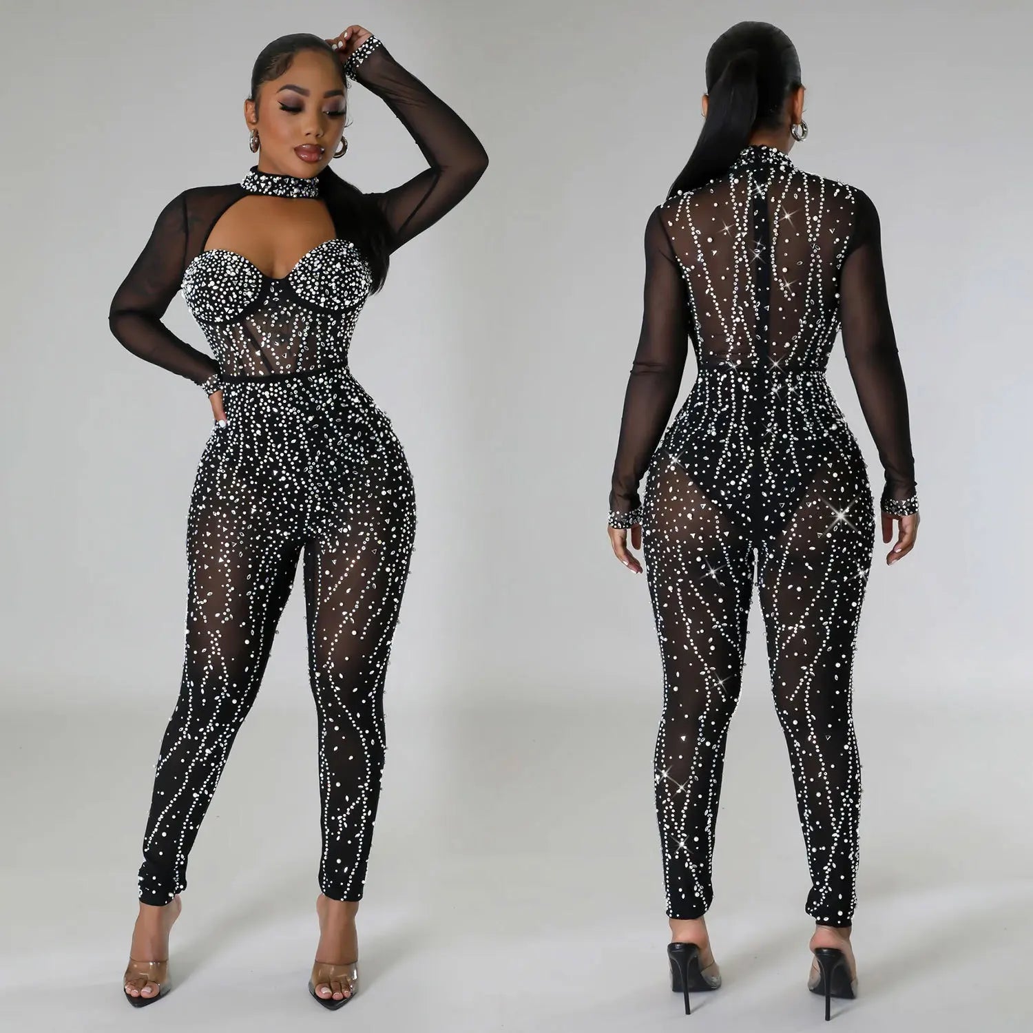 Luxurious Sexy Sparkly Rhinestones Transparent Mesh Jumpsuits