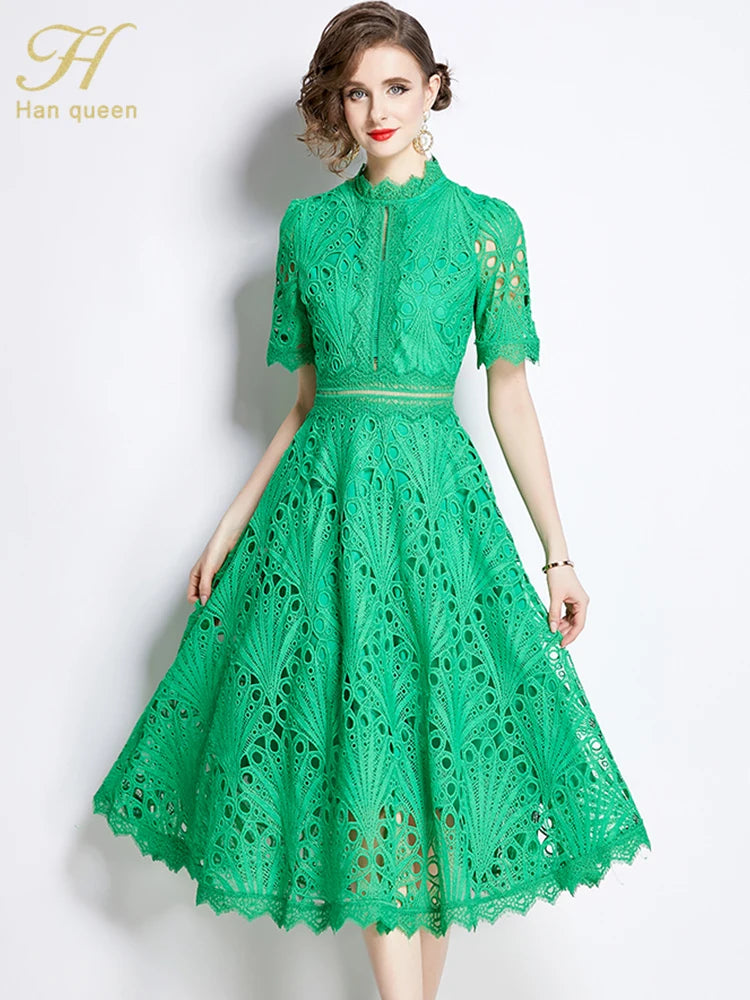 Spring New Elegant Floral Crochet Hollow Out Lace Patchwork Casual Office Midi Dress