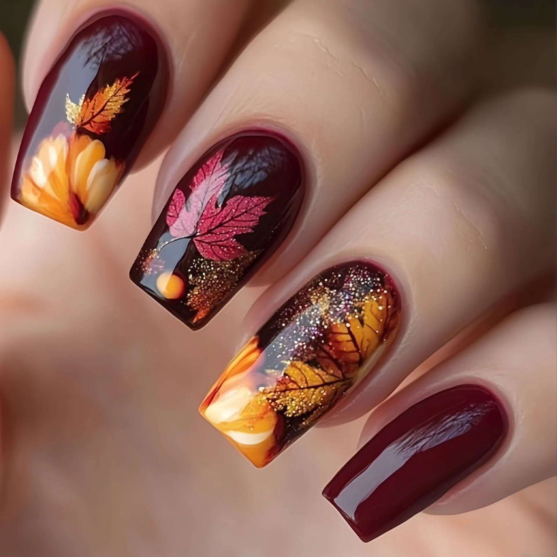 24Pcs Mid-length Square Press-On Nails with Golden Butterfly Design