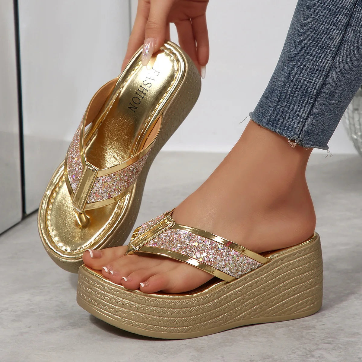 2026 Summer Plus Size Sequin Platform Wedge Sandals