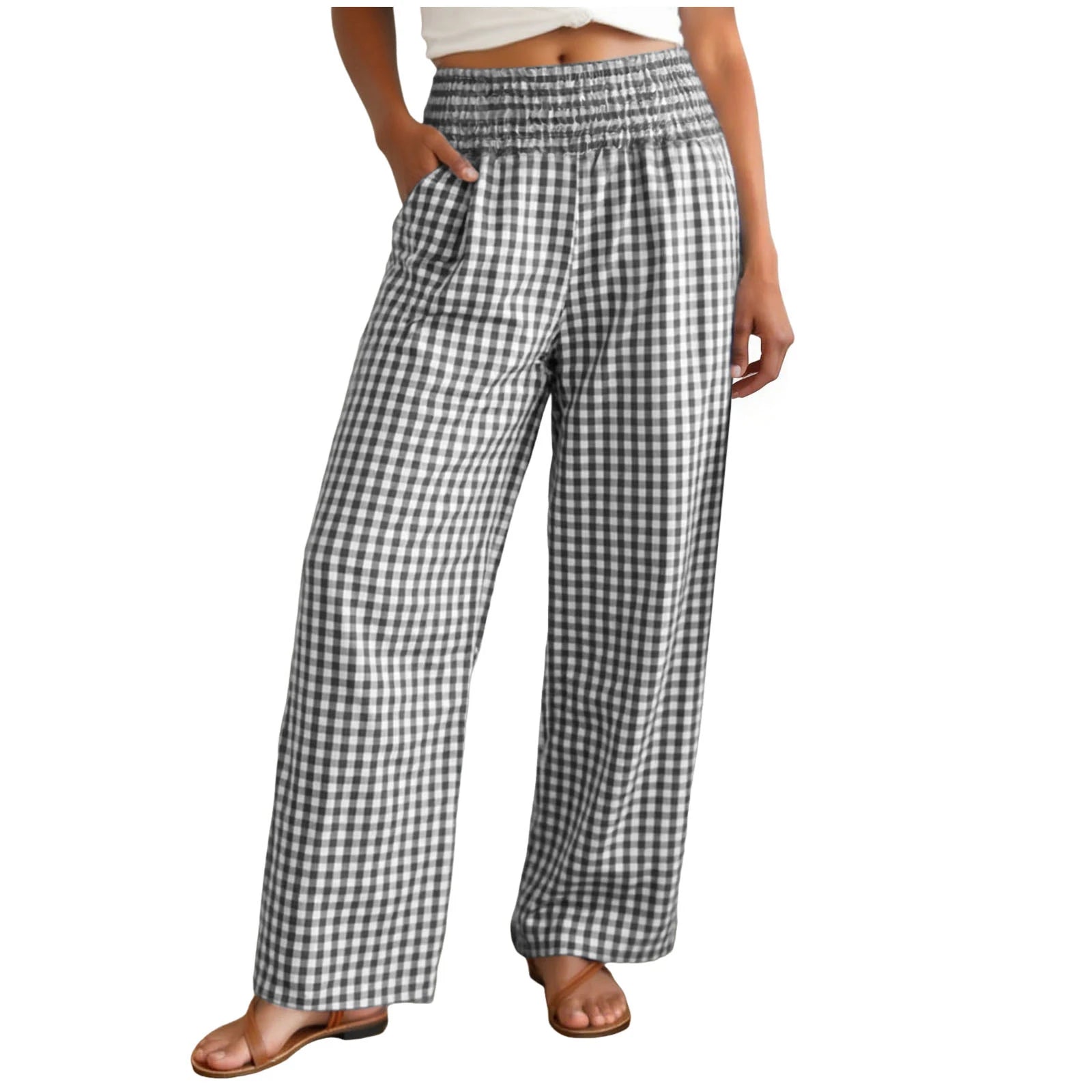 Casual Plaid Comfortable  With Pockets Elastic Waist Wide Leg Casual Pant