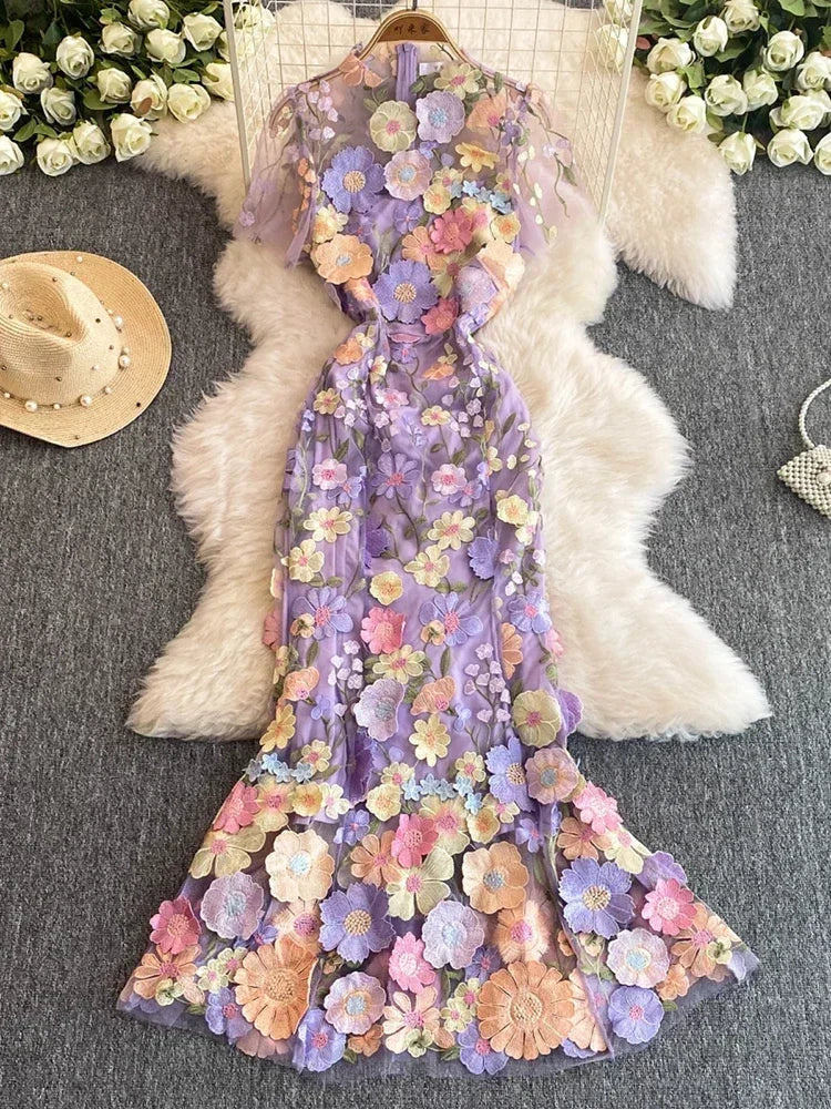 Summer High-end Embroidery Lace 3D Flower Short Sleeve Long Dress