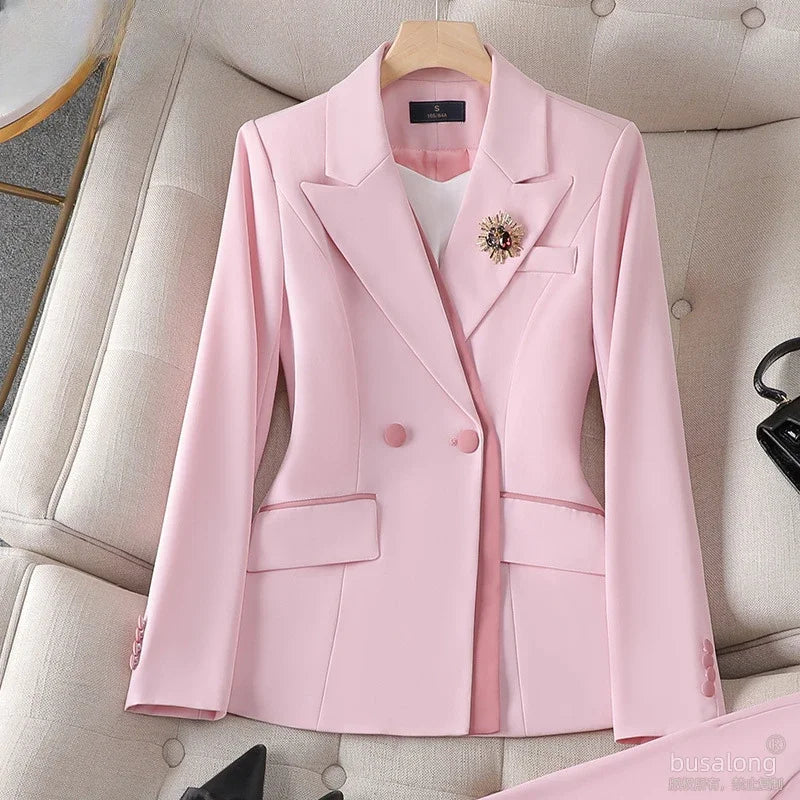 Temperament Korean Suit Two‑Piece Set – Long Sleeve Tunic Coat & High Waist Straight Pants