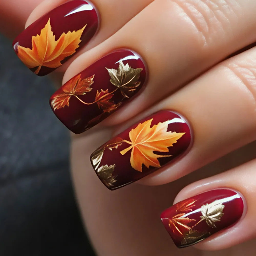 24Pcs Mid-length Square Press-On Nails with Golden Butterfly Design