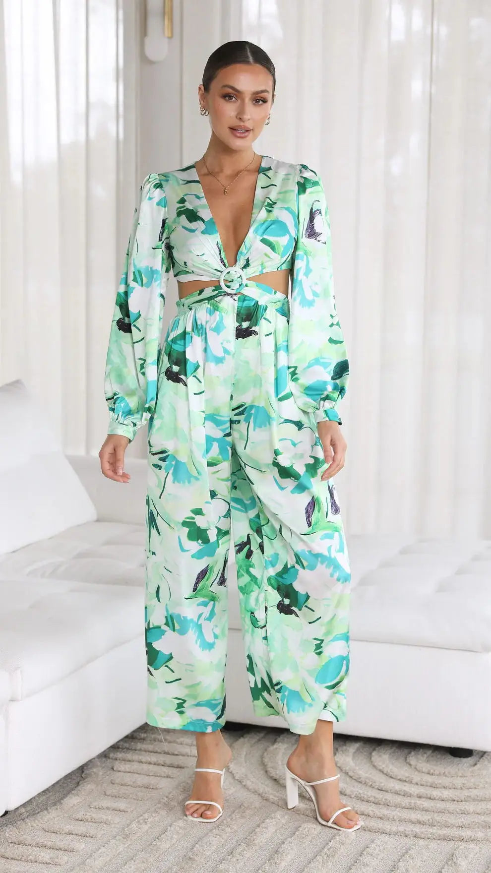 Sexy V Neck Long Sleeve Floral Print Jumpsuits