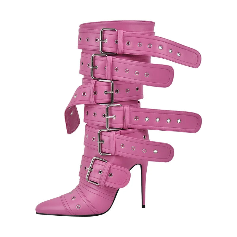 Pointed Toe Mid-Calf Boots Buckle Strap Thin High Heel