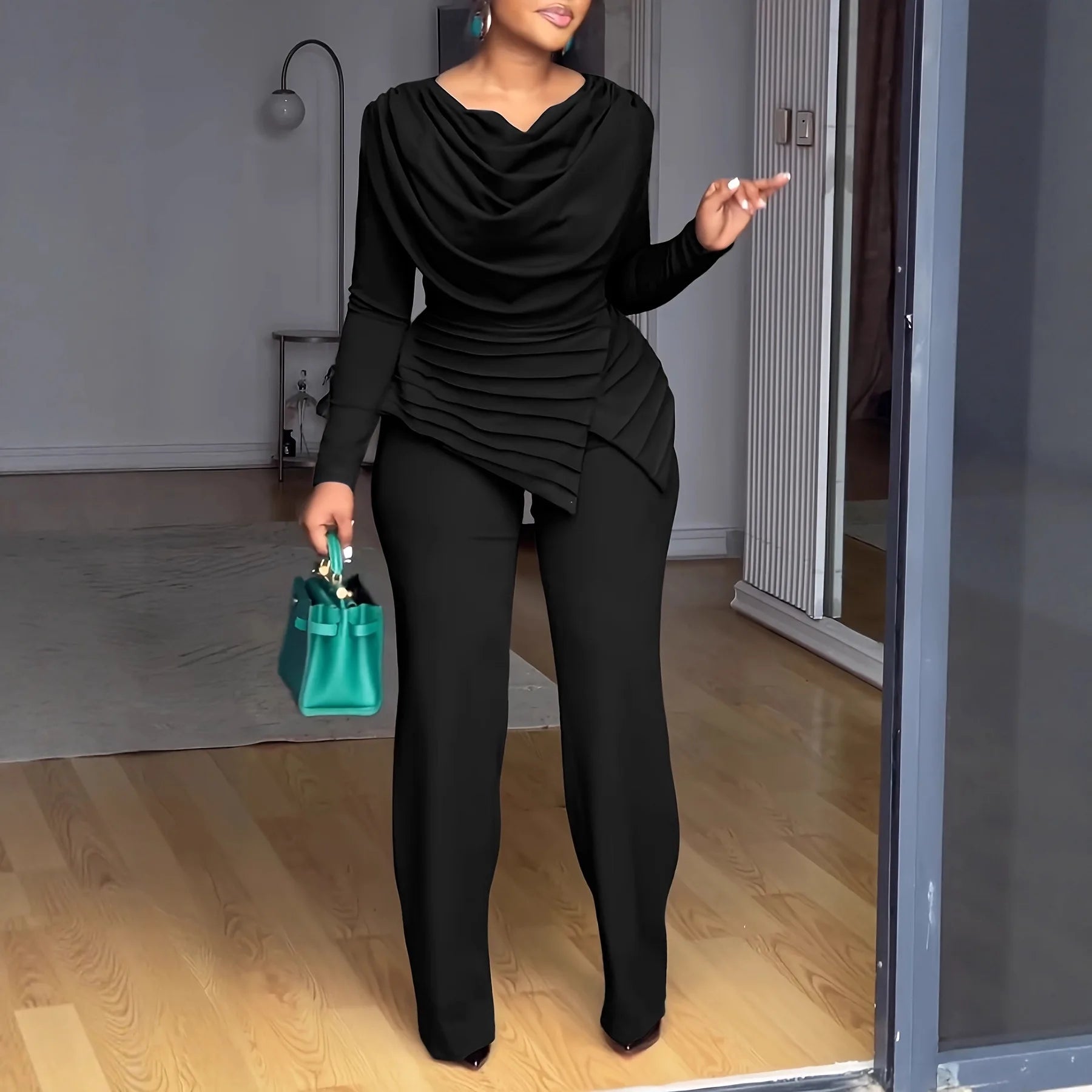 Pleated Round Neck Long Sleeve Top Full Length Waist Slim Casual  Pant Set