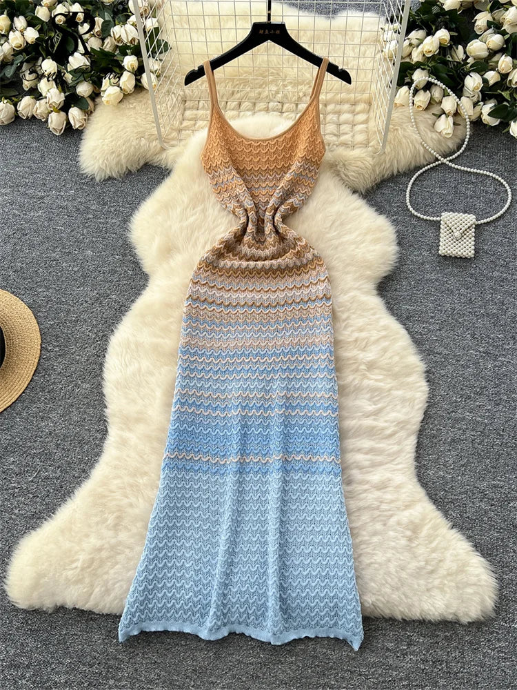 Korean Chic Beachwear Spaghetti Strap Sleeveless Gradient Design Knitting Long Dress