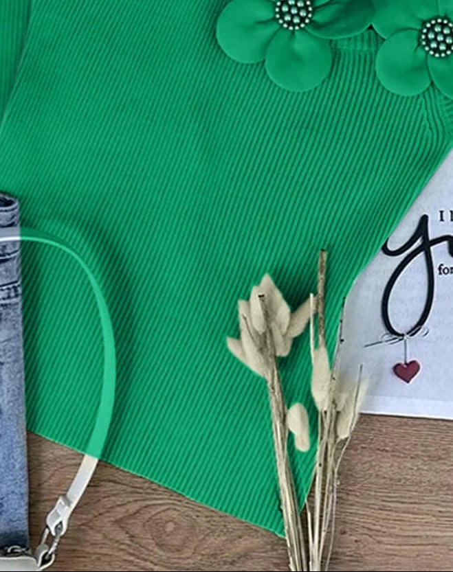 Summer Fashion Floral Pattern Beaded Decor Casual U-Neck Plain Sleeveless Tight Fitting Daily Knit Tank Top