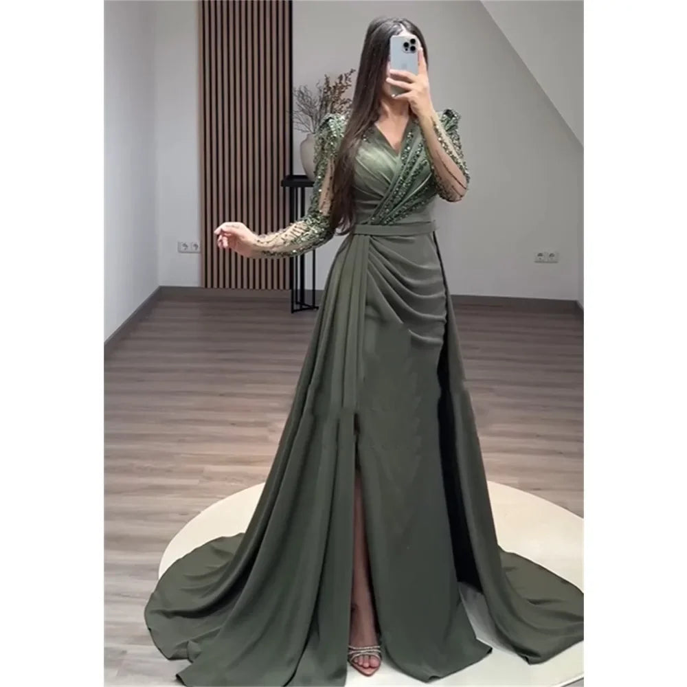 Customized Elegant V-neck Sheath Celebrity Sequin Flowers Fold Satin Prom Dresses vestidos para mujer gala