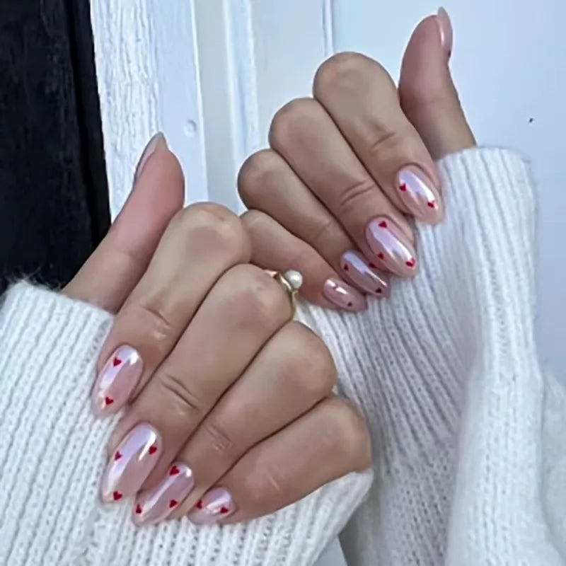Romantic Valentine's Day Red Love Heart Charm Red Lips Almond Fake Nails