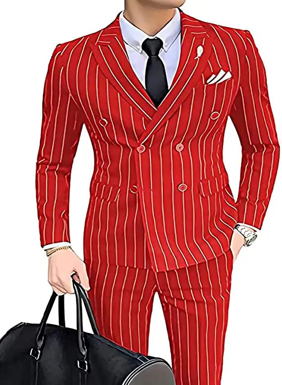 Double-breasted Wedding Groomman Pinstripe Notched Lapel For  (Blazer+Pants)
