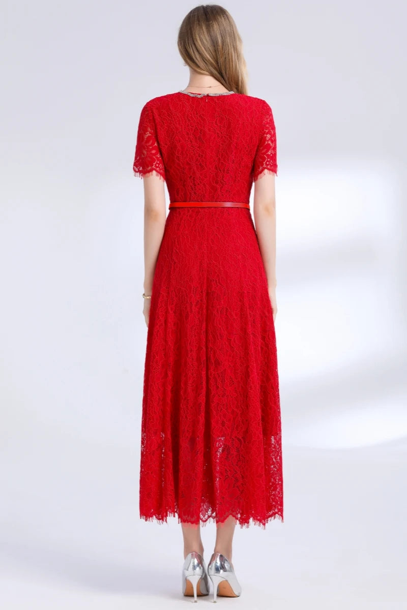 Lace Midi Dress with Belt – Luxury Office & Cocktail Essential