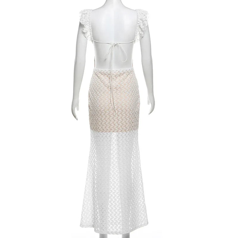 Summer Fashion Solid Color V-neck Backless Lace-up Hollow Slim Stretch Long Dress