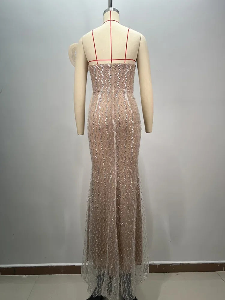 Sexy Strapless Sequins Diamonds Crystal Sparkly Maxi Long Gowns