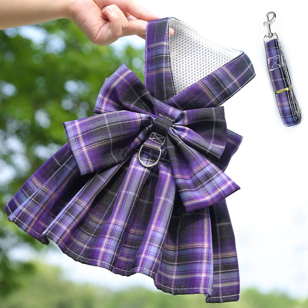 Plaid Dog Dress Bow Tie Harness Leash Set for Small Dogs Cats