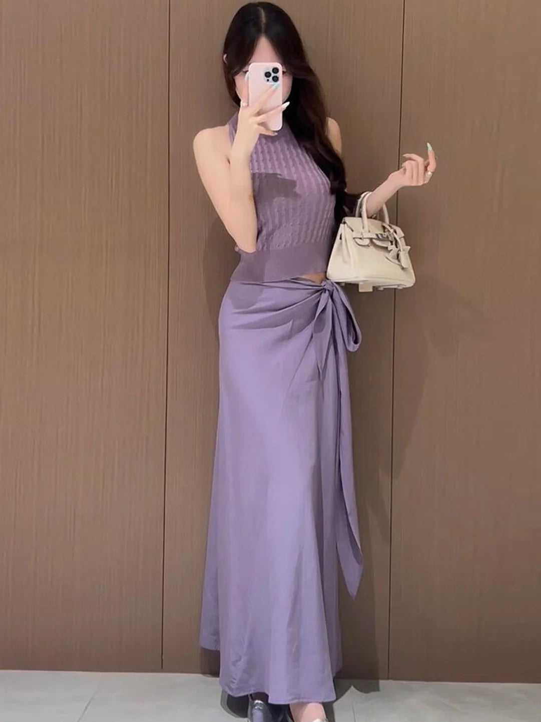 Fashionable Purple Sleeveless Knitted Vest Top with Belt High Waist Skirt Set