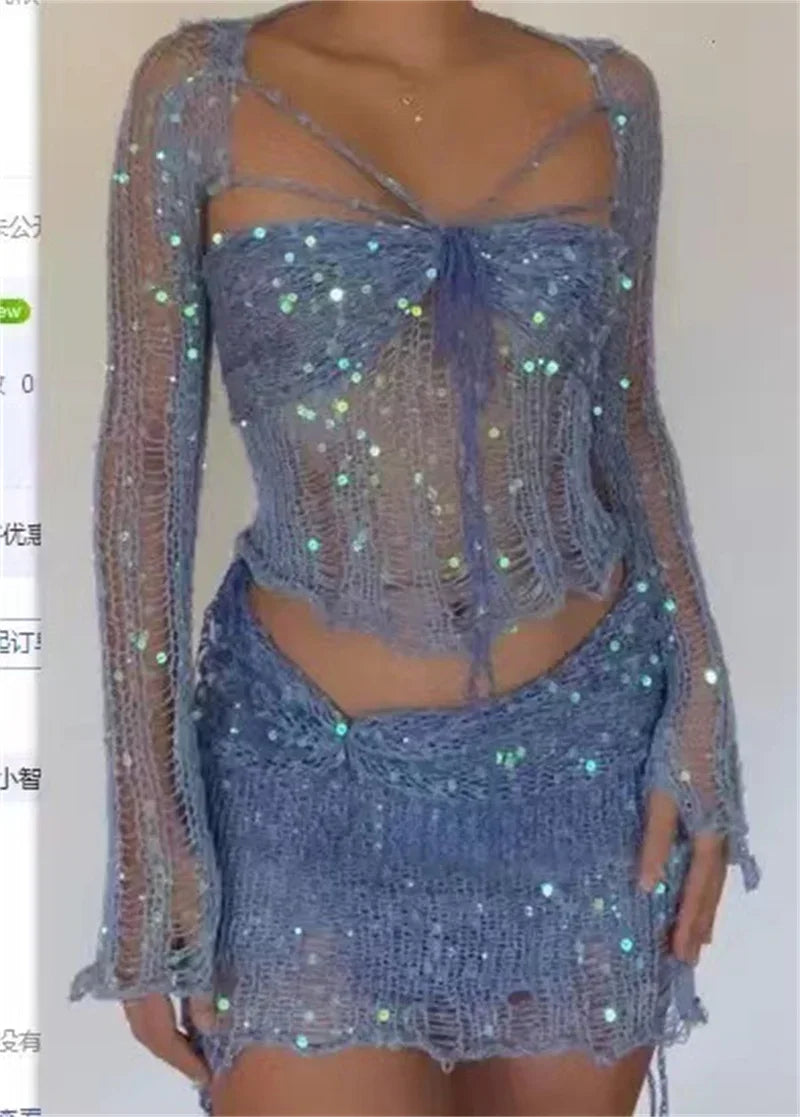 Glitter Sequins Knitted Skirt Sets Women 3 Piece Outfit