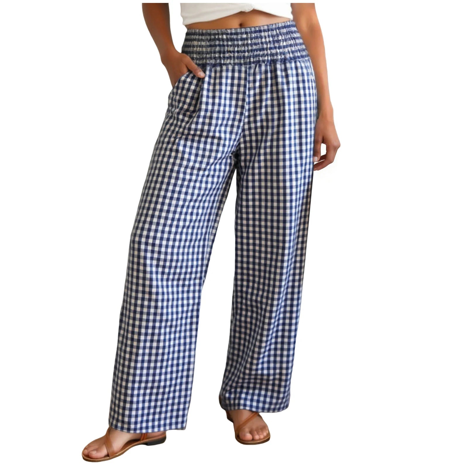 Casual Plaid Comfortable  With Pockets Elastic Waist Wide Leg Casual Pant