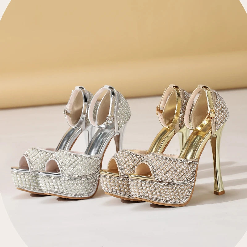 String Beads Buckle Strap Street Style Thin High Heels