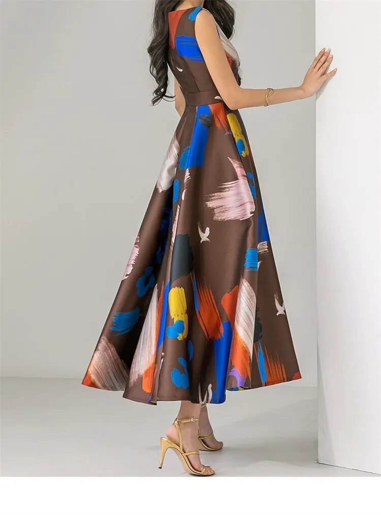 2023 Vintage High Waisted A Line Print Maxi Dresses