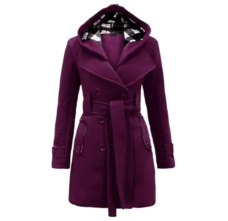 2026 Autumn Hooded  Double-Breasted Design Belt Side Pockets Plaid Splice Woolen Coats