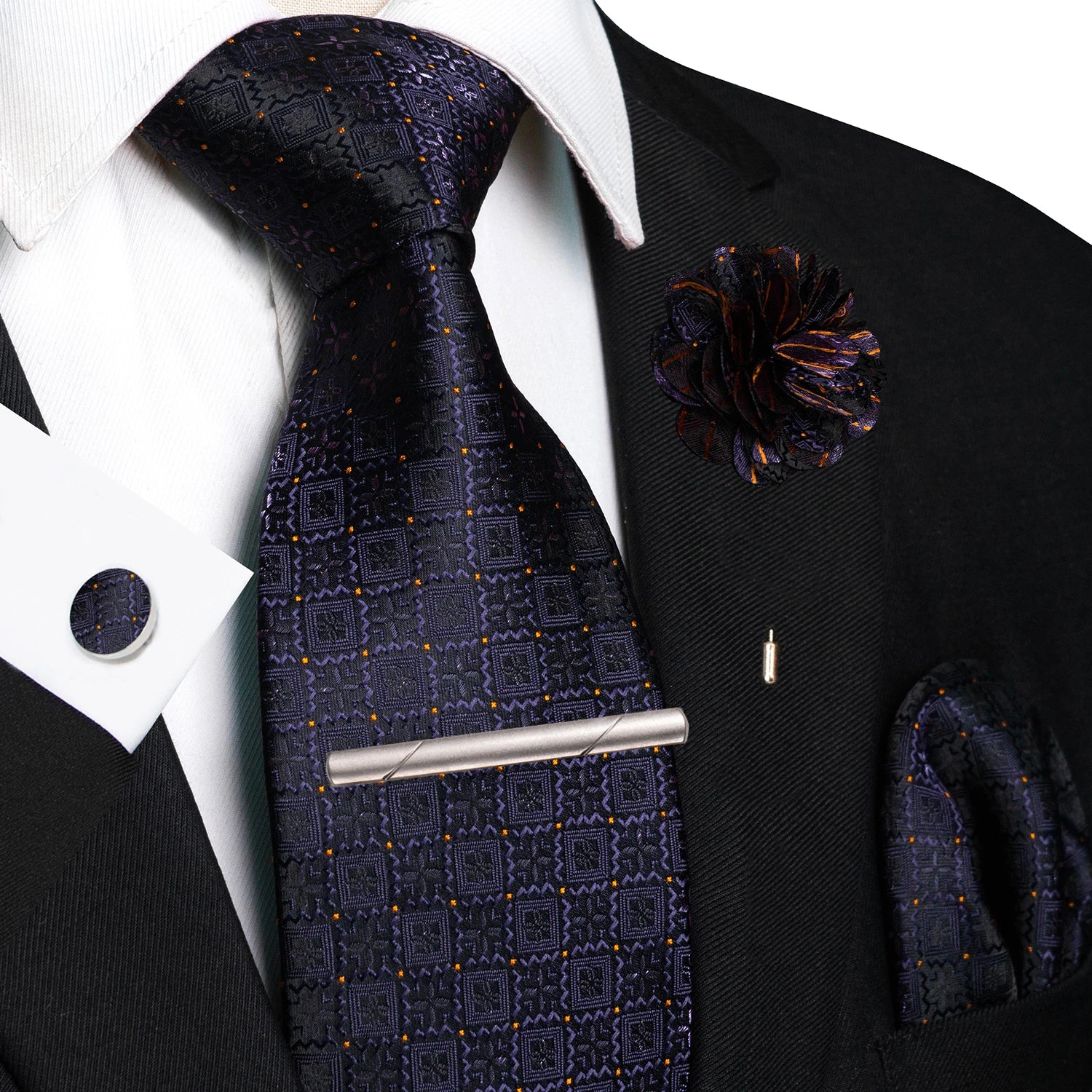 Brown Yellow Plaid Silk Tie Set for Men