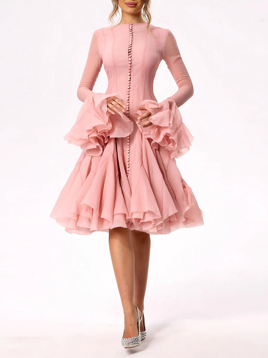 Irregular Pleated Patchwork Fashion Long Lantern Sleeve Waist Cinching Mini Dresses