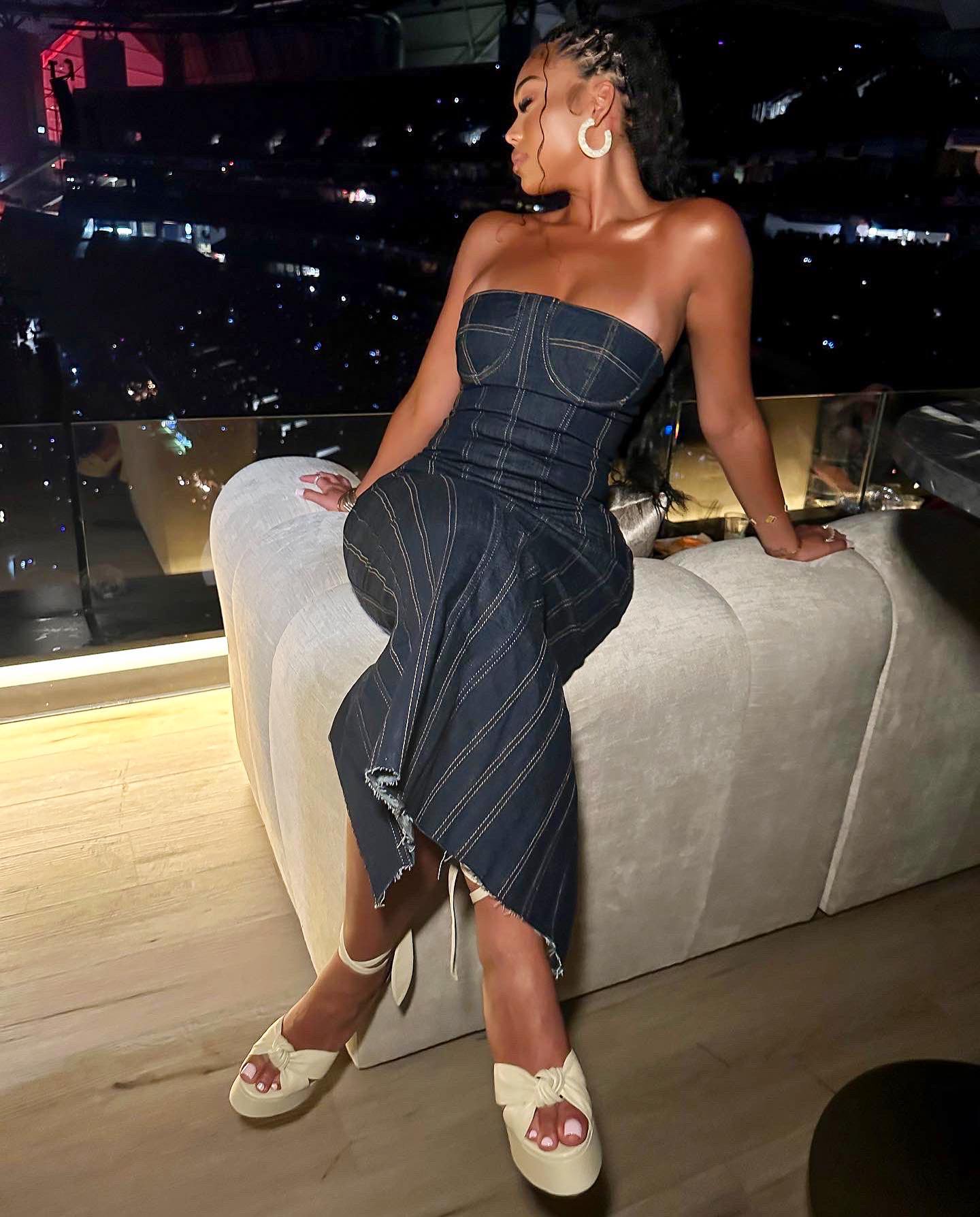 Elegant Female Chic Striped Split design Slim Denim Dress
