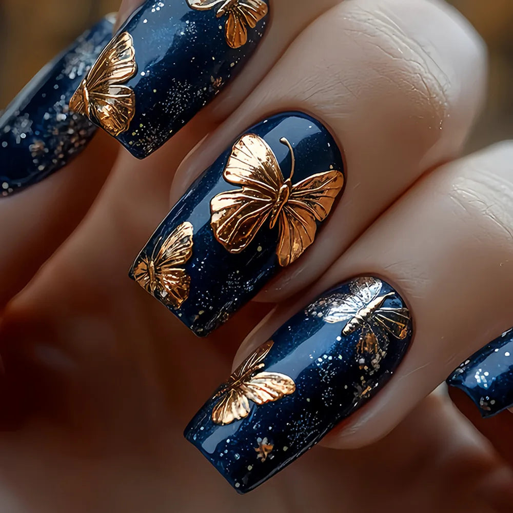 24Pcs Mid-length Square Press-On Nails with Golden Butterfly Design