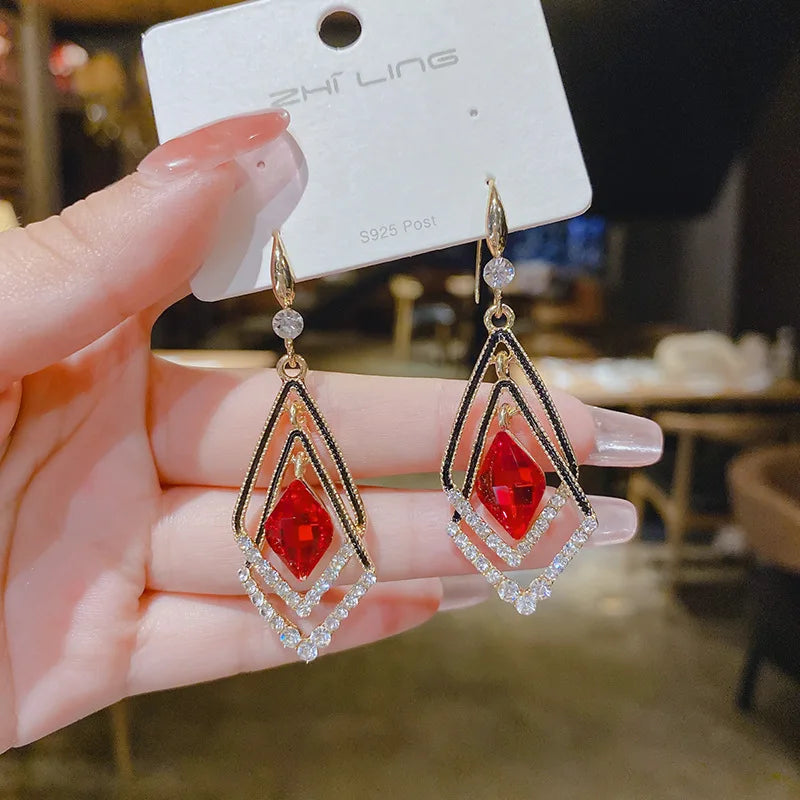 Trendy  Long Blue Crystal GeometryDangle Drop Earrings