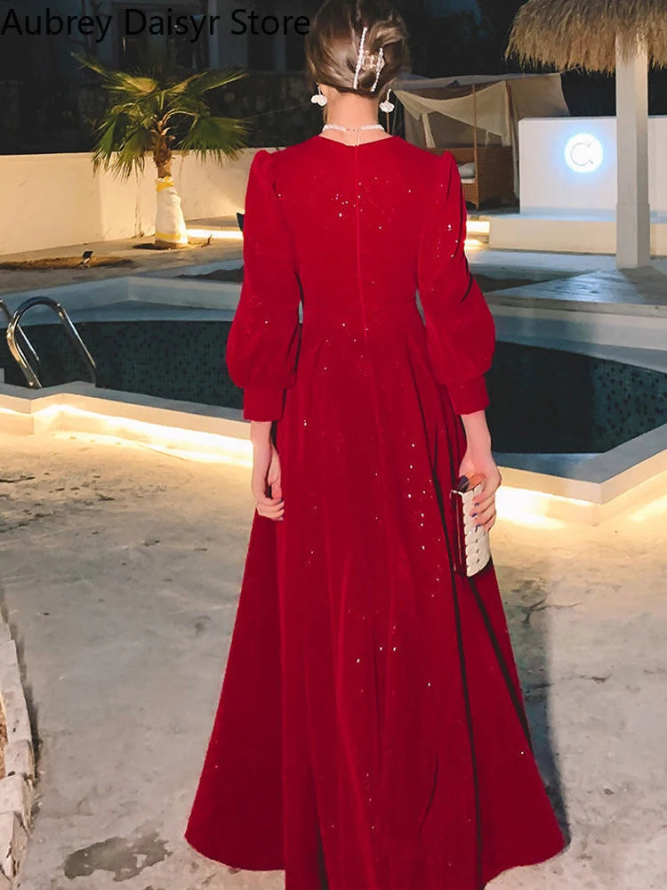 Elegant Red Sequins Vintage V-neck Midi Dress