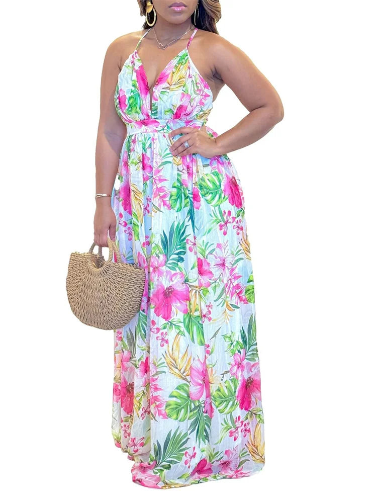 Summer Floral Print V Neck Multi Sleeveless Maxi Dresses