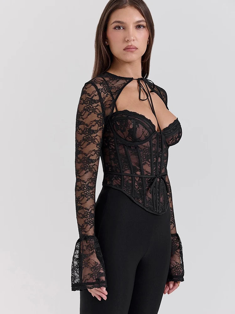 Sexy See Through Lace Two Piece Sets Long Sleeve Print Floral Tops