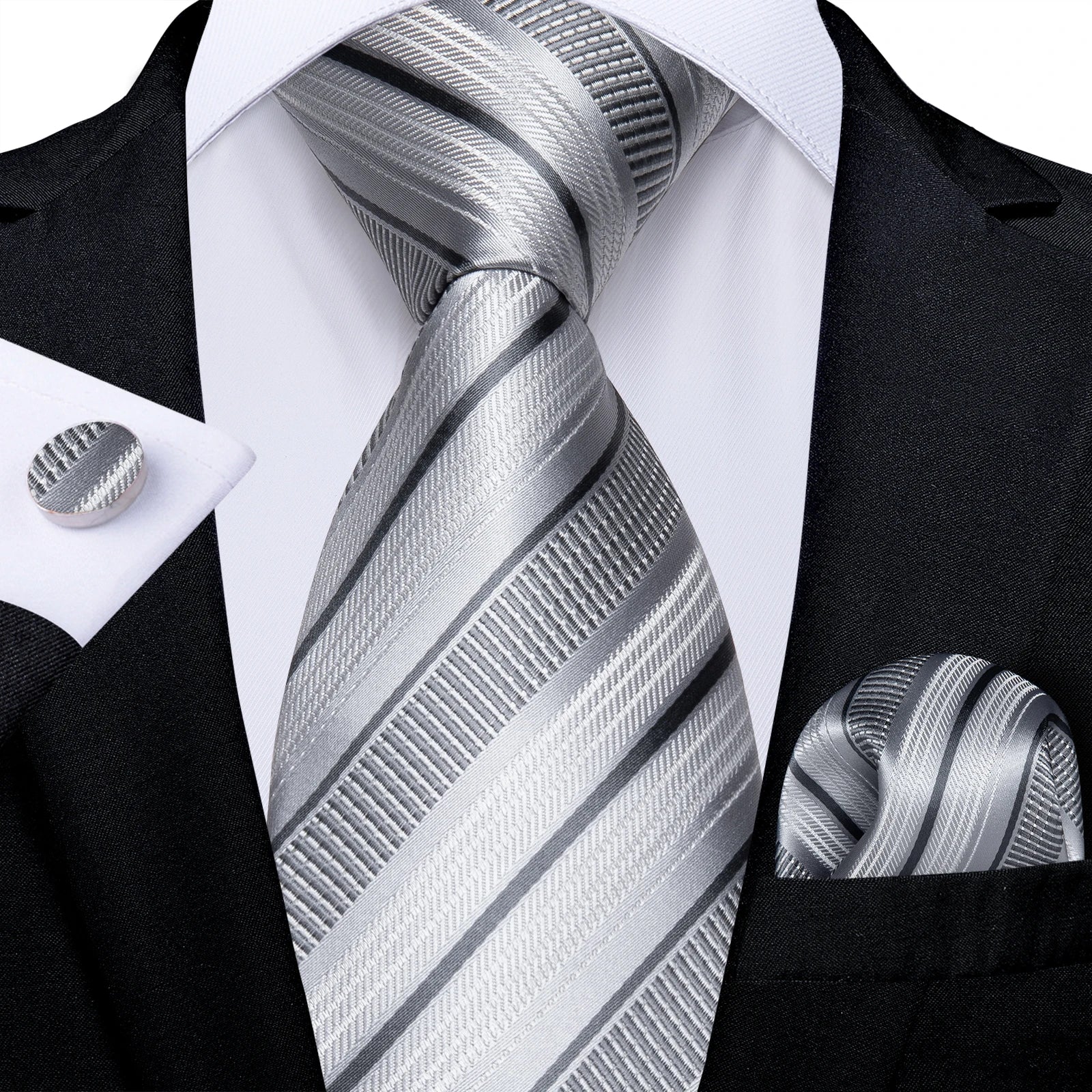 Teal Blue & White Striped Silk Tie Set for Men