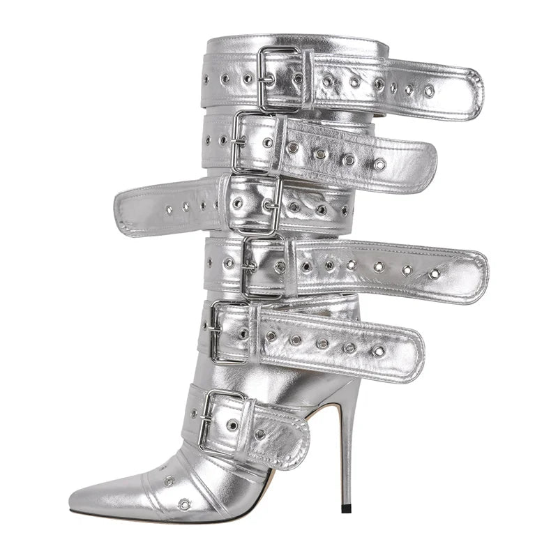 Pointed Toe Mid-Calf Boots Buckle Strap Thin High Heel