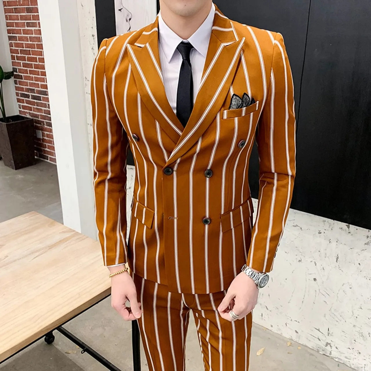 Double-breasted Wedding Groomman Pinstripe Notched Lapel For  (Blazer+Pants)