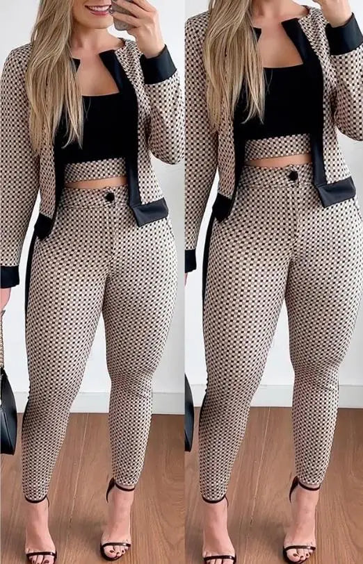 Spring Fashion Plaid Print Contrast Paneled Open Front Long Sleeve Coat & Elegant Skinny Pants Set