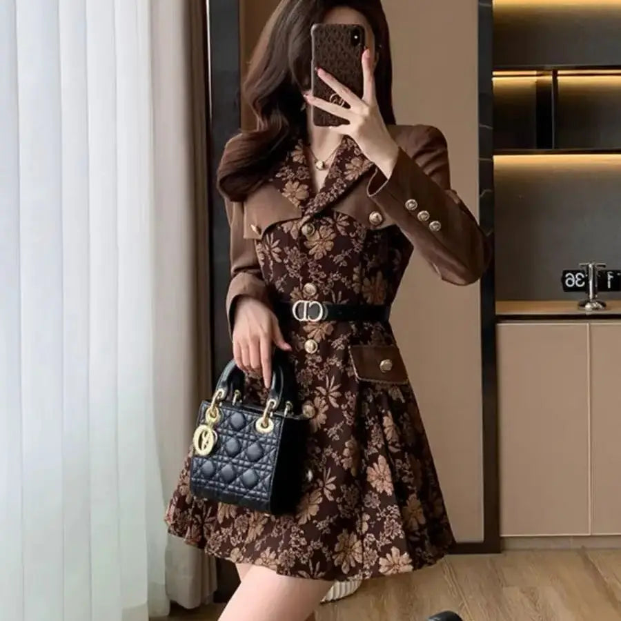 Retro Flower Jacquard Mini Dress – Autumn Patchwork A‑Line Party Dress with Belt