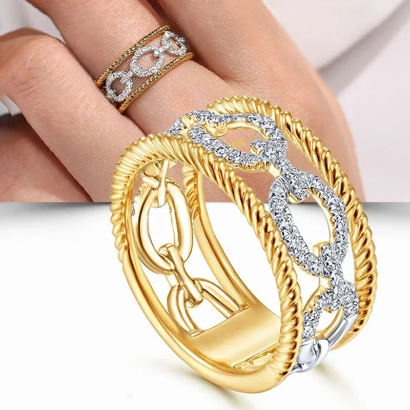 Luxurious Rings with Two-tone Design Gorgeous Hollow-out Finger