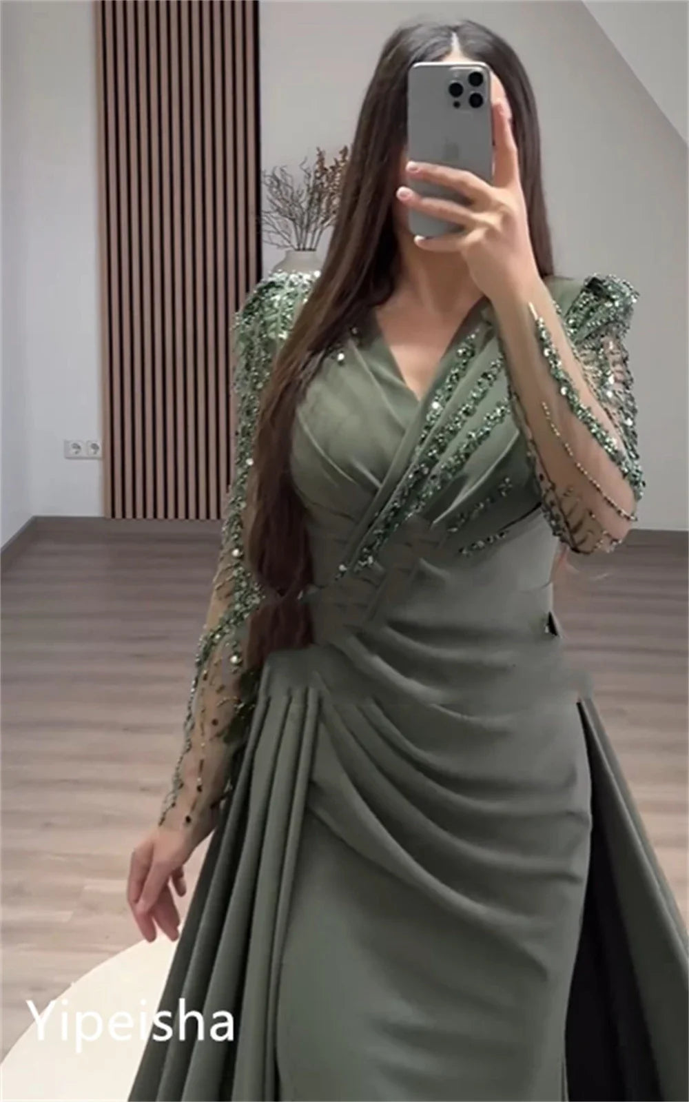 Customized Elegant V-neck Sheath Celebrity Sequin Flowers Fold Satin Prom Dresses vestidos para mujer gala